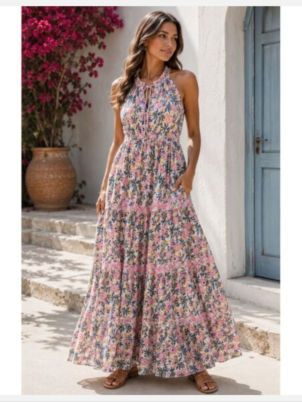 Caroline Constas Floral Cotton Tiered Maxi Dress Halter Ruffle M